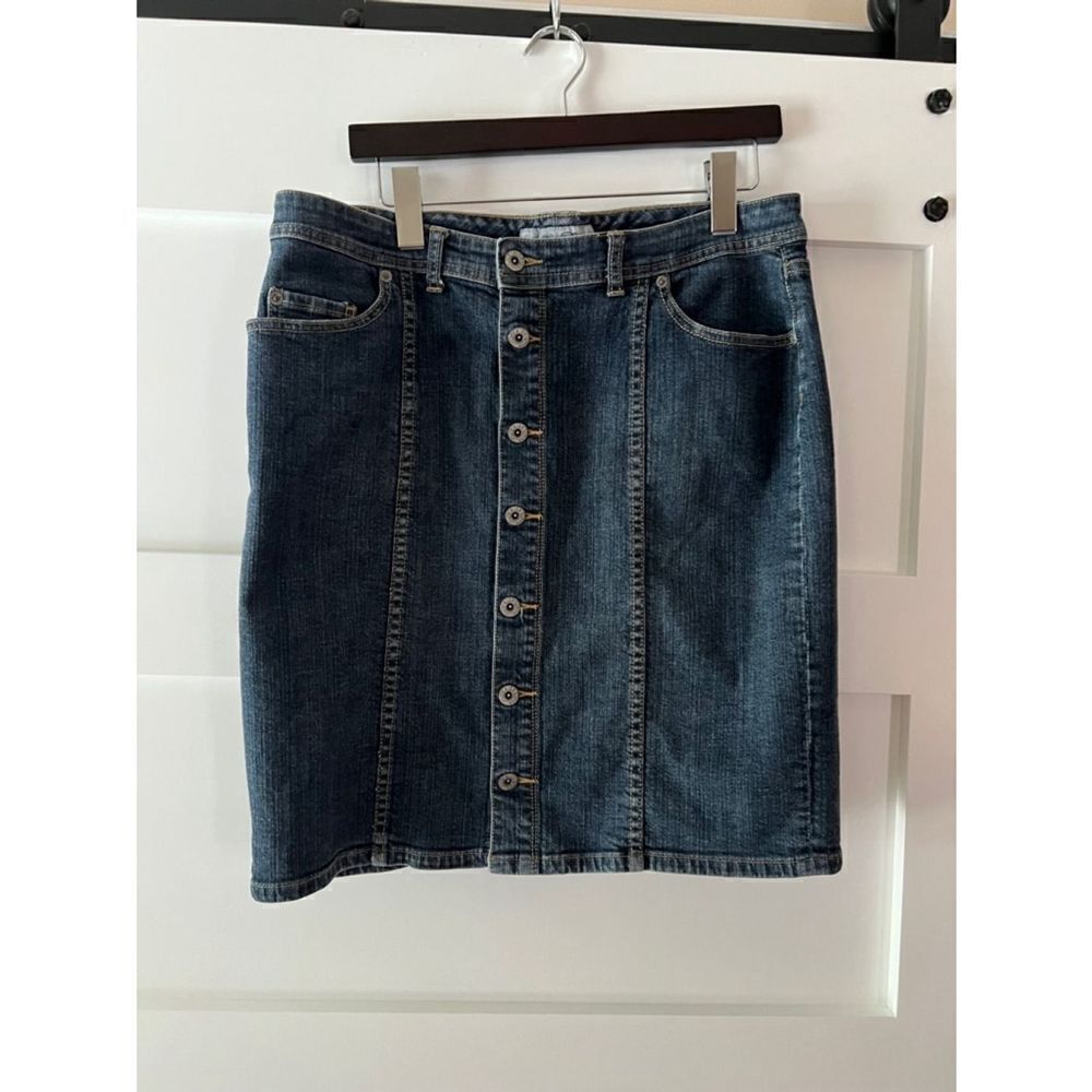 Chicos Platinum button front Jean skirt size large (Chicos 2)